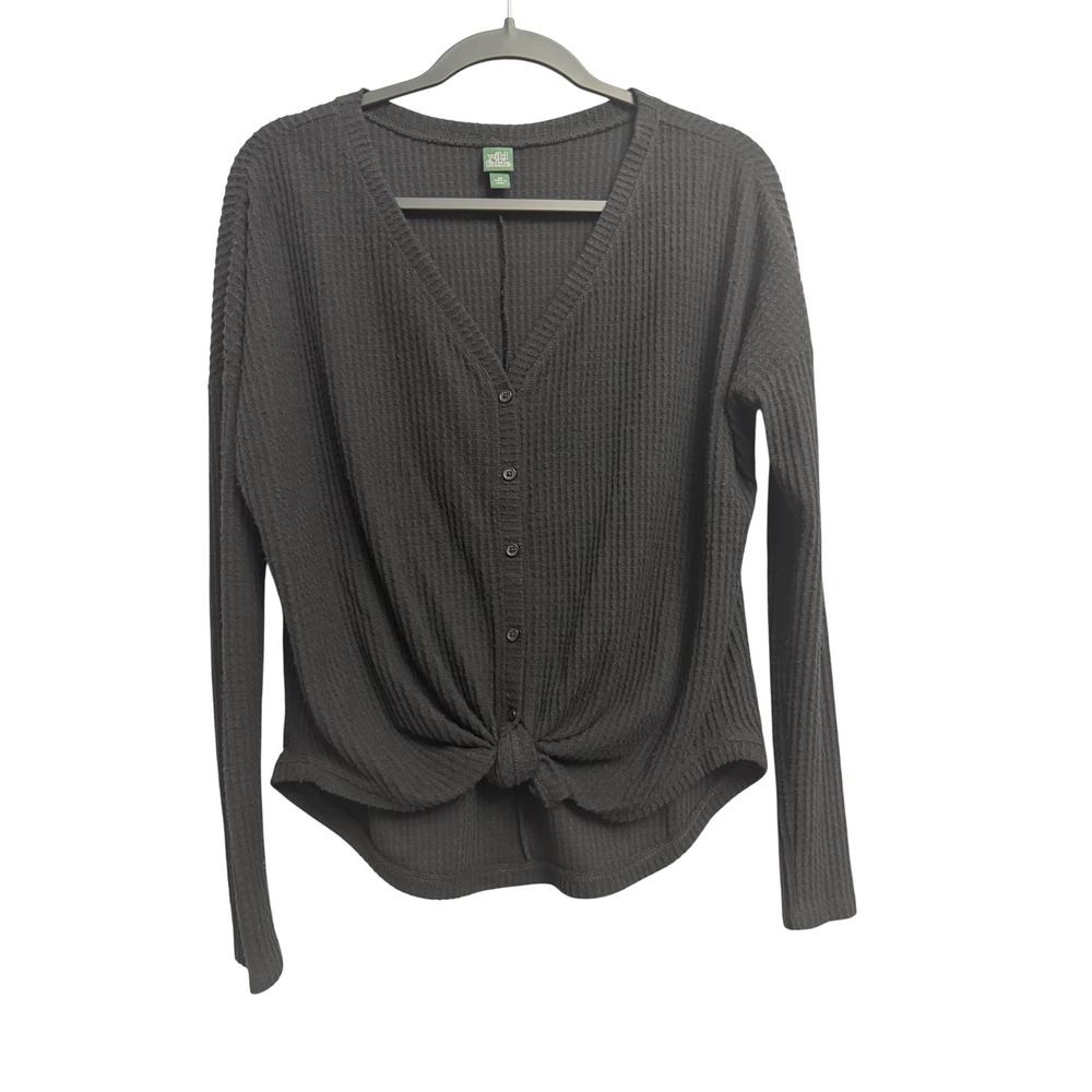 Wild Fable Womens XS Waffle Knit Tie Front Button Down Long Sleeve Top Black Top